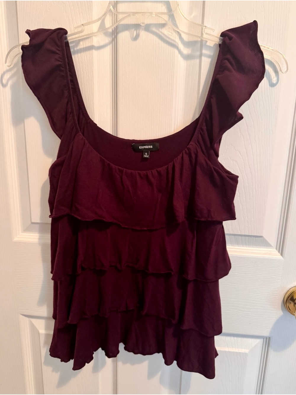 Express Ruffled Sleeveless Tank Top in Deep Plum